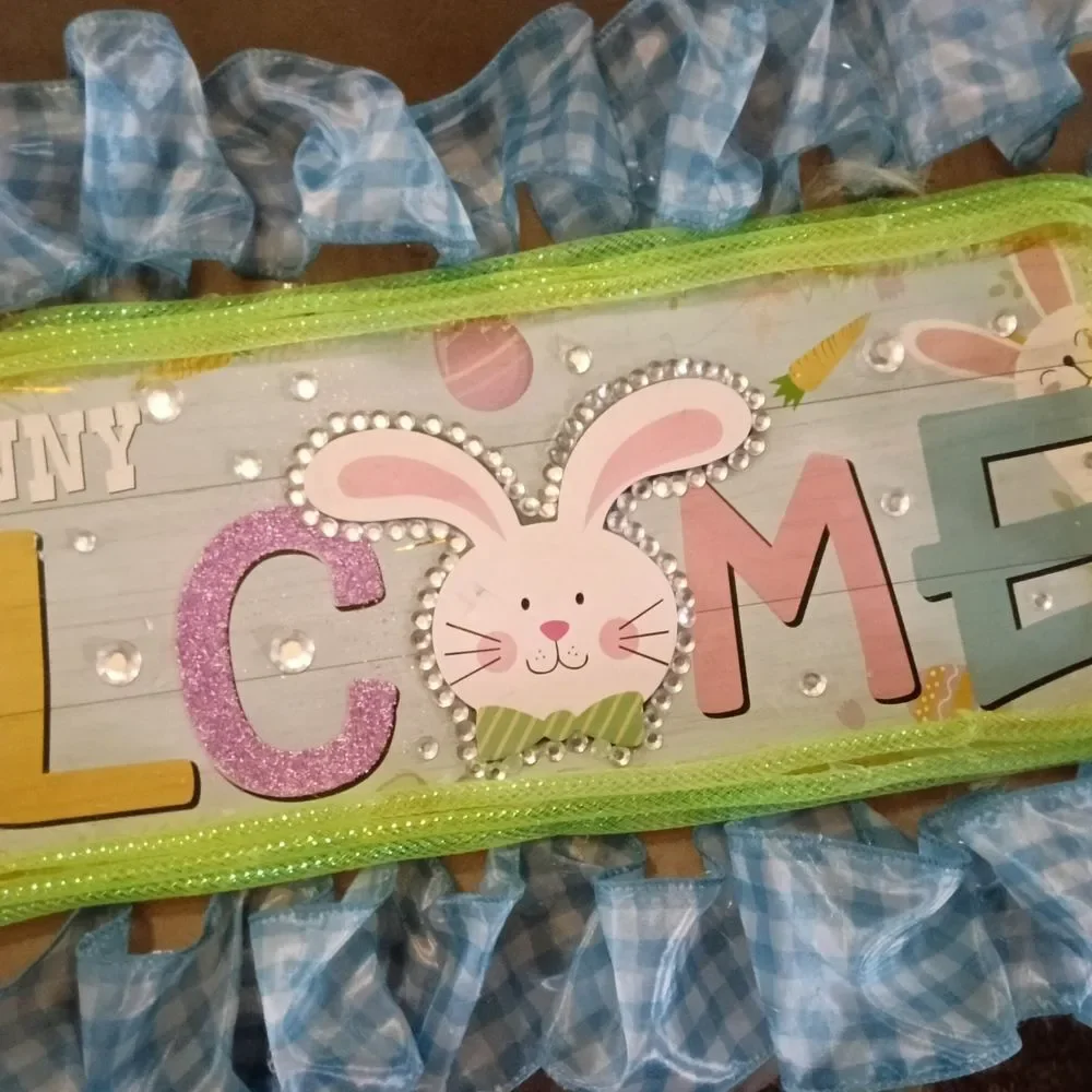 Charming Bunny Welcome Sign with Blue and Green Accents